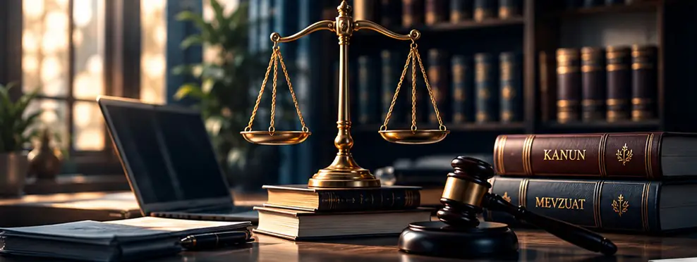 Adalet terazisi, hâkim tokmağı ve kanun kitaplarıyla avukat masası